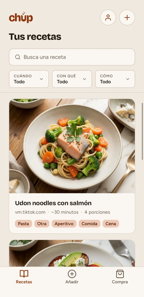 Las recetas guardadas en ChupChup, con su foto, el tiempo y las raciones