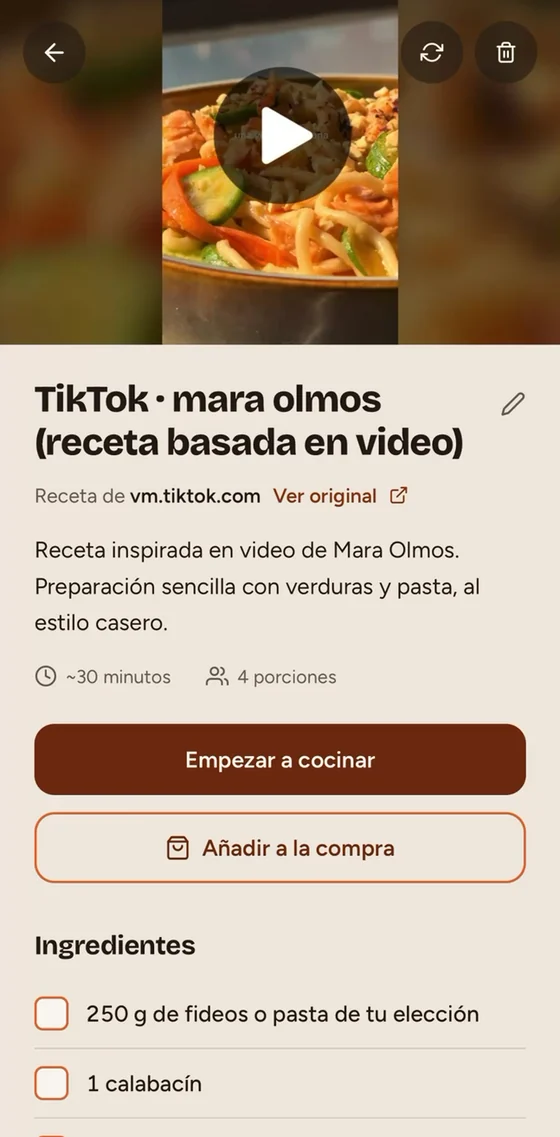 La receta ya ordenada con ingredientes y pasos